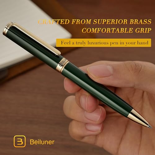 BEILUNER Luxury Gel Pen with 24K Gold Finish, Green Piano Lacquer, Luxury Grade Craftsmanship, Fancy Pen Gift Set for Men and Women, Graduation Gift, Executive, Office, Retractable, Nice Pen Set - color: Green and Gold Finish