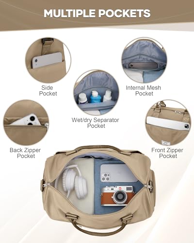 Travel Duffel Bag Weekender Bags for Women Carry On Gym Tote Bags Khaki | Duffle Bag with Shoe Compartment Carry On Overnight Bag with Wet Pocket Personal Item Travel Bag for Trip Hospital Bag - color: G3-Khaki