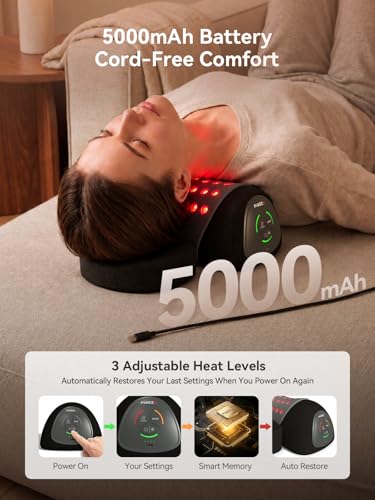 FliKEZE Neck Support Pillow with Air Lift Massage | Dynamic air lift support with dual-wavelength red light, gentle heat, cordless design and removable small pillow, Black