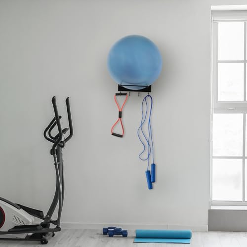MyGift Industrial Matte Black Metal Wall Mounted Large Stability Ball Holder, Sport Gym Yoga Studio Hanging Storage Rack for Exercise Balls with 4 Accessory Hooks
