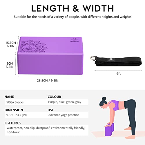 Overmont Yoga Block 2 Pack Supportive Latex-Free EVA Foam Soft Non-Slip Surface for General Fitness Pilates Stretching and Meditation 9"x6"x3" Yoga Strap Included - color: Purple