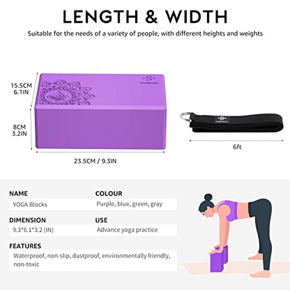 Overmont Yoga Block 2 Pack Supportive Latex-Free EVA Foam Soft Non-Slip Surface for General Fitness Pilates Stretching and Meditation 9"x6"x3" Yoga Strap Included - color: Purple