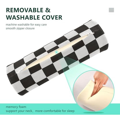 Checkered Black Neck Roll Pillow Bolster Round Health Memory Foam Long Cervical Cylinder Pillows with Removable Washable Cover for Body Bed Legs Back Yoga - color: Checkered Black