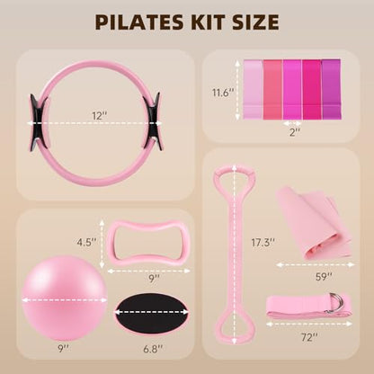 Uyittour 16PCS Pilates Kit for Home Workouts, Essential Equipment Set with 12'' Ring & 9” Ball, 5 Resistance Bands - Pilates Starter Kit for Women, Full Body Toning & Strength