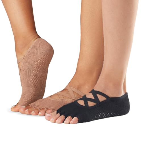 toesox Bellarina Grip Socks for Women, Half-Toe - color: Black & Nude, size: Small