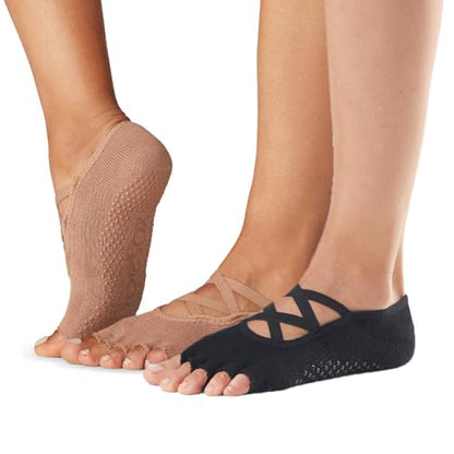 toesox Bellarina Grip Socks for Women, Half-Toe - color: Black & Nude, size: Small