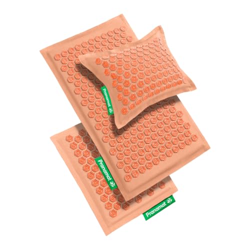 Pranamat Acupressure Large & Small Mat with Pillow Set, Premium Acupressure Therapy for Pain Relief and Relaxation, Handcrafted in Europe with Sustainable and Natural Materials (Peach) - color: Peach