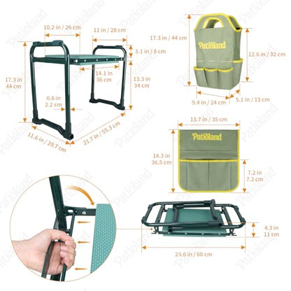 Garden Kneeler and Seat, Gardening Workseat with Tool Pouch and HandBag - color: Green-modle C