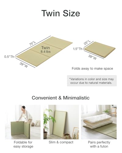FULI Japanese Tatami Mattress, Foldable Igusa Rush Grass, Natural, Twin | Tatami Rug, Japanese Floor Mattress Mat, Made in Japan, 0.5 in thick, firm woven surface, tri-fold design - size: Twin (75"L x 39"W x 0.5"Th), style: Foldable Mat