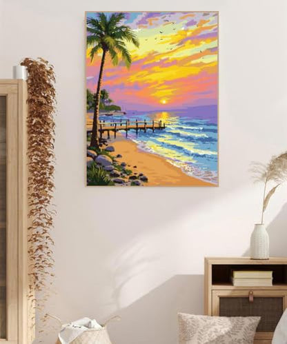 ZRIZQ Beach Paint by Numbers Kit for Adults Beginner,Sunset,16x20 | Full set with rich paints,wooden brushes,rolled canvas.Calming activity.Beginner friendly.Just open and paint. - color: 16"X20"Rolled Canvas-Beach 1