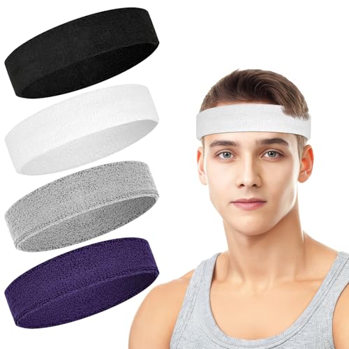 4 Pack Cotton Terry Sweat Headbands for Men Women Running Gym - color: Black/Gray/Purple/White