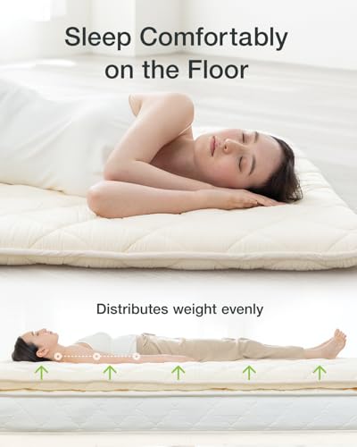 FULI Japanese Futon, Full Size, White - Foldable Shikibuton Floor Bed | Medium Firm Quilted Cotton Sleeping Pad, Portable Roll-Up Japanese Floor Bed for Guests & Small Spaces, 100% cotton surface - size: Full (75"L x 55"W), style: Standard