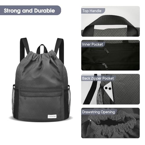 Waterproof Drawstring Backpack Sports Gym Sackpack with Mesh Pockets Water-Resistant String Cinch Beach Bag for Men Women - color: Solid - Gray