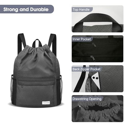 Waterproof Drawstring Backpack Sports Gym Sackpack with Mesh Pockets Water-Resistant String Cinch Beach Bag for Men Women - color: Solid - Gray