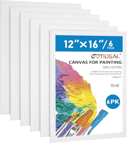 GOTIDEAL Canvases for Painting, 12x16 inch of 6 Pack, 100% Cotton | Professional Primed White Blank Flat Canvas Panels, Artist Canvas Boards for Acrylics Painting, Oil Watercolor Tempera - size: 12"x16"