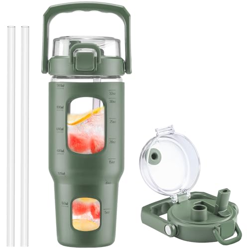 BLUEGO 32oz Glass Water Bottle with Handle and Straw|Leakproof Sports Glass Bottle with Time Marker and Silicone Sleeve|Glass Drinking Bottle for Travel, Gym, Workout, Olive - color: Olive, size: 32 Ounces