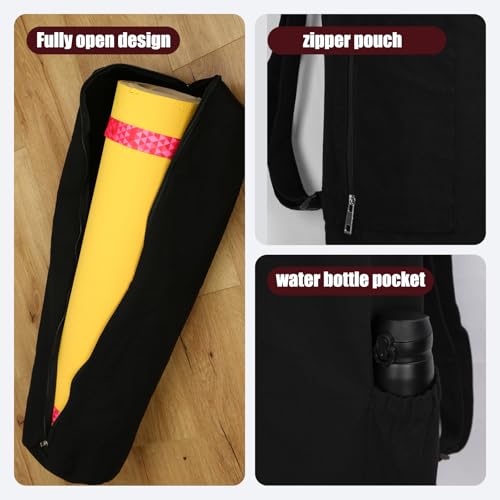 Cotton yoga mat bag with Pockets and Adjustable Strap - Full Zip Cargo Yoga Mat Carrier Bag - Bag for 1/4" 1/3" Thick Yoga Mat - color: Black, size: XL