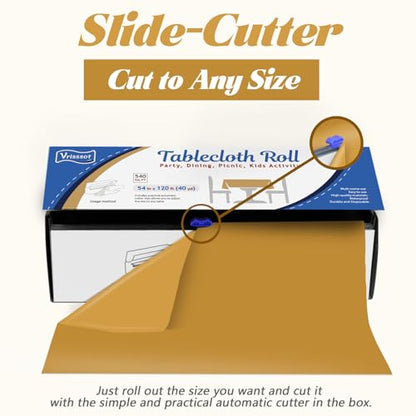 Plastic Table Cover Roll Disposable Tablecloth: 54in X 120ft Table Covers Plastic Table Cover Roll with Easy Slide Cutter Plastic Table Cloths for Parties Disposable-Gold - color: Gold, size: 1440" x 54" (Rectangular)