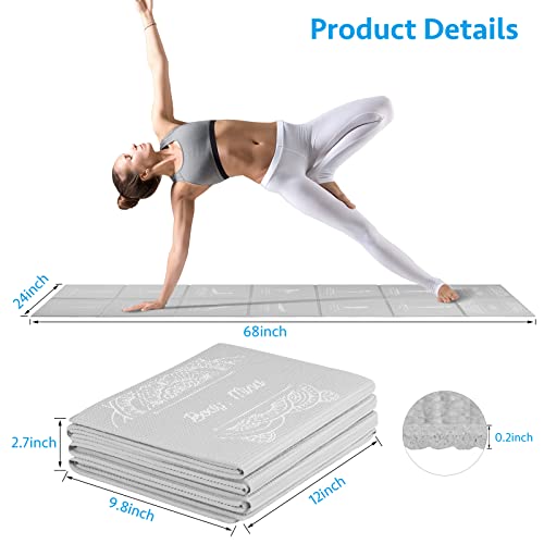 Foldable Yoga Mat for Women, Non Slip Exercise Mat for Home Gym, 5mm Travel Yoga Mats Set With Stretch Strap for Yoga Pilates and Fitness, 68"L x 24"W x 0.2 Inch Thick - color: Grey