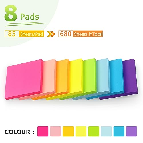 Sticky Notes 3x3 in, Bright Colors Self-Stick Pads, 8 Pads, 85 Sheets/Pad | Total 680 Sheets - color: 8 Pads 3x3 in Bright Colors Sticky Notes
