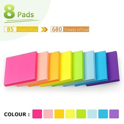Sticky Notes 3x3 in, Bright Colors Self-Stick Pads, 8 Pads, 85 Sheets/Pad | Total 680 Sheets - color: 8 Pads 3x3 in Bright Colors Sticky Notes