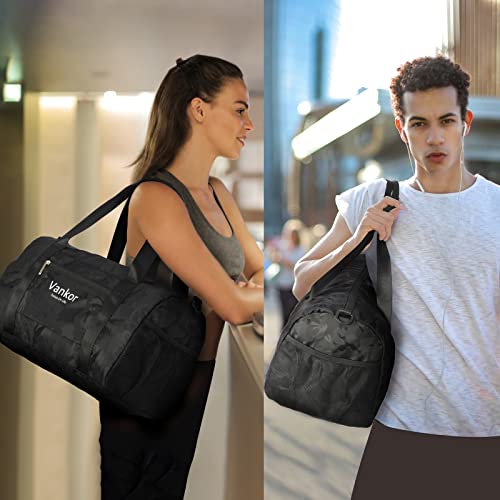 Vankor Gym Bag for Women, 17.5 inch Sports Duffle Bag with Shoe Compartment - color: Camo Black