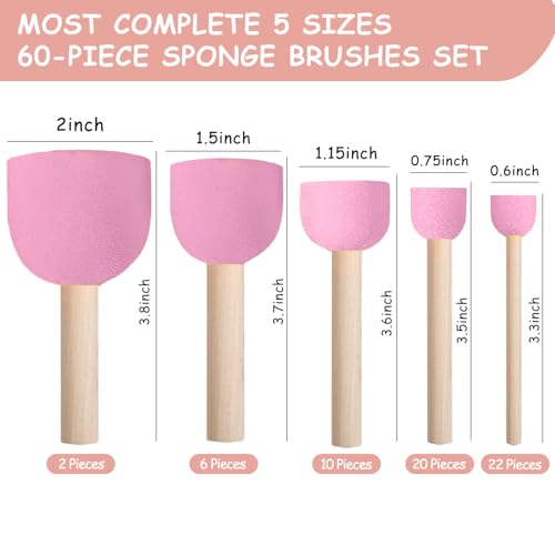 60 Pcs Pink Round Paint Sponges Set, 5 Sizes Sponge Brushes for Painting, Sponge Paint Brushes for Acrylic Painting, Wooden Handle Craft Sponges for DIY, Crafts and Kids Arts - style: 60 Pcs Pink