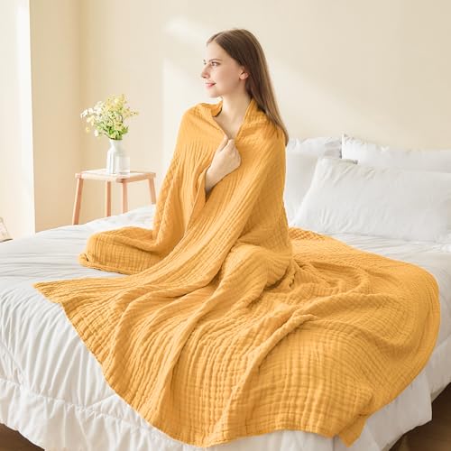 EMME Cotton Muslin Large Throw Blanket Couch Breathable Gauze Soft Lightweight Bed Blankets Adults (Heather Yellow, 50"x70") - color: 12 - Yellow, size: Large Throw (50" X 70")