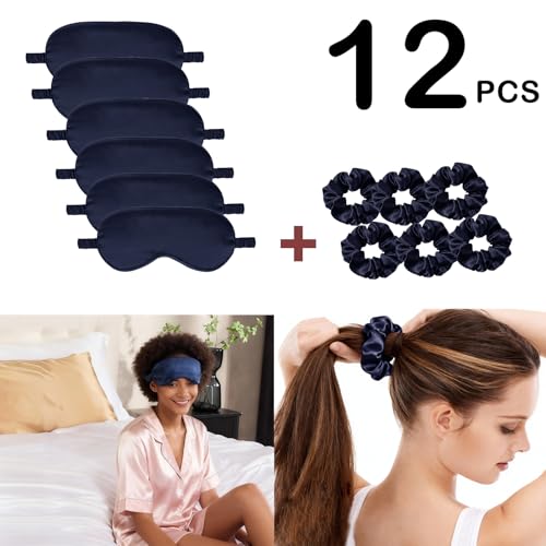 12Pcs Silk Sleep Masks Satin Eye Mask Silky Eyes Cover Blindfold Eyeshade Hair Ties Scrunchy Travel Bridesmaids Gifts - color: Navy
