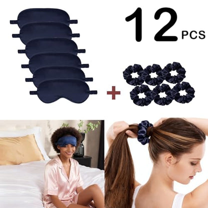 12Pcs Silk Sleep Masks Satin Eye Mask Silky Eyes Cover Blindfold Eyeshade Hair Ties Scrunchy Travel Bridesmaids Gifts - color: Navy