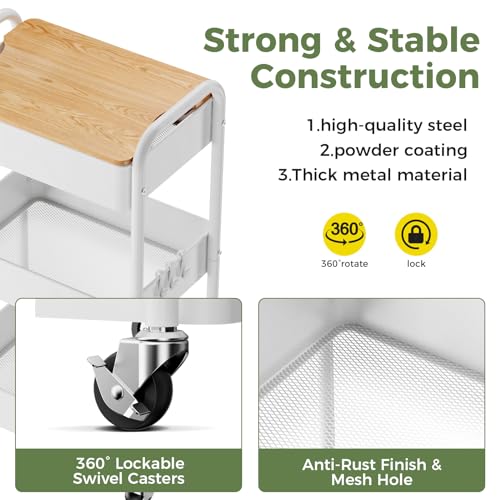 3-Tier Rolling Cart with Table Top, Metal Utility Cart on Wheels | Sturdy Storage Organizer Cart with Lockable Wheels&Hooks for Craft, Office, Classroom, Kitchen and Bathroom, WHite - color: White