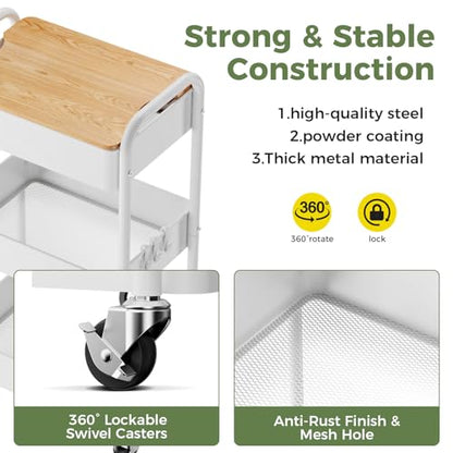 3-Tier Rolling Cart with Table Top, Metal Utility Cart on Wheels | Sturdy Storage Organizer Cart with Lockable Wheels&Hooks for Craft, Office, Classroom, Kitchen and Bathroom, WHite - color: White