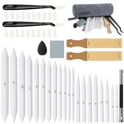 AGPTEK 48 PCS Sketch Drawing Tools, 20 Blending Stumps Set | 2 Sandpaper Pencil Sharpeners, Pencil Extension, Erasers,20 sponge replacement heads & 1 Felt Bag for Student Sketch Draw