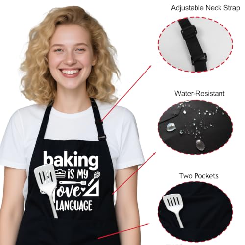 Funny Apron for Women with 2 Pockets, Adjustable Kitchen Apron for Cooking Baking Gifts for Mom Wife Birthday - color: Black-baking is My Love Language