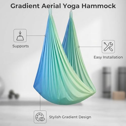 Blue-Green Gradient & Dark Green Aerial Yoga Hammock (400x180 cm / 157"x71"), Soft Silk Swing for Anti-Gravity Yoga, Inversion Therapy, Ideal for Strength, Flexibility Training and Stress Relief - color: Blue-green Gradient
