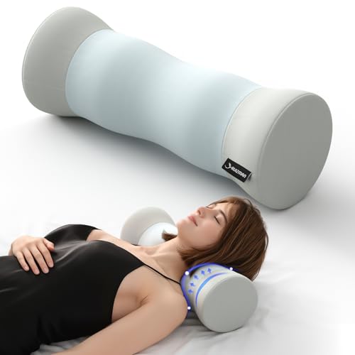 Neck Roll Pillow - Cooling Cover Round Neck Pillow for Sleeping - Memory Foam Cervical Support Pillow - Ergonomic Cylinder Pillows for Neck, Leg, Back, Yoga, Relaxing (Blue Grey)