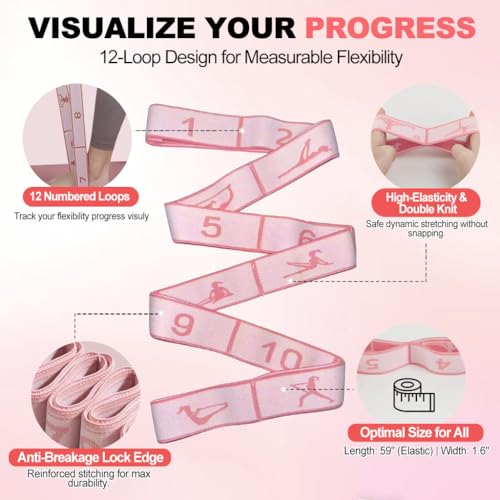 2-in-1 Fabric Resistance Bands Set & 12-Loop Numbered Elastic Stretching Strap - Non-Slip Booty Bands for Glute Workout, Stretchy Yoga Belt for Physical Therapy & Rehab