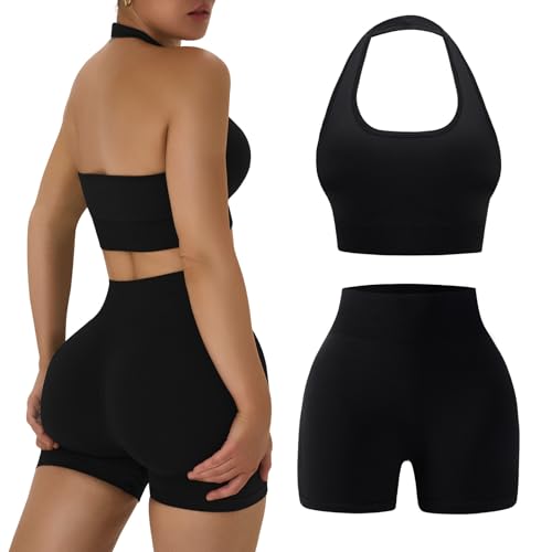 OLCHEE Womens Workout Sets 2 Piece Halter Sports Bra Scrunch Butt Shorts | Seamless Gym Set, Yoga Pilates Outfit, Matching Athletic Clothing, Activewear, Scoop Neck, Padded, High Waist - color: Black, size: XX-Large