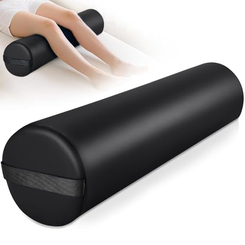 Full Round Bolster Pillow for Legs, 26 x 6 inch Bolster for Massage Table | PU Leather Under Knee Pillow with Strap Handle, Under Back Ankles Leg Pain Relief Massage Table Bolster for Yoga & Spa - color: 6" Full Round - Black