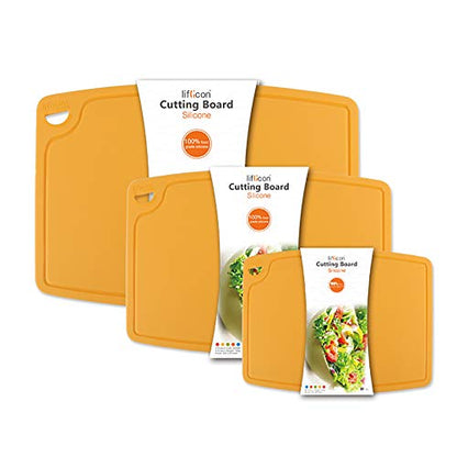 Liflicon Silicone Thick Cutting Boards Mats Set of 3pcs Foldable & Flexible Design Juice Grooves Easy Grip Handle Dishwasher Safe for Kitchen,BPA free Silicone Cutting Mats-Yellow - color: Yellow, size: S+M+L