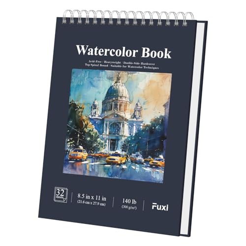 Fuxi Watercolor Notebook 8.5" x 11", 140 lb Cold Press Watercolor Paper, 32 Sheets (64 Pages) Water Color Paper Pad, Art Supplies for Adults Painting, Gouache & Ink. - color: Dark Blue, size: 11" x 8.5" (Pack of 1)