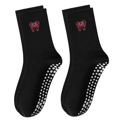 Women's Pilates Grip Socks, Ruffle Non Slip Bow Pattern Yoga Socks | Grippy, Frilly Trim, Embroidery, Crew Length, Soft Cotton, Arch Support, for Barre Ballet Dance Workout Hospital Home Gifts - color: C07-black (Red Bow)*2