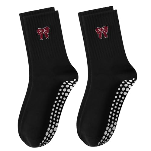 Women's Pilates Grip Socks, Ruffle Non Slip Bow Pattern Yoga Socks | Grippy, Frilly Trim, Embroidery, Crew Length, Soft Cotton, Arch Support, for Barre Ballet Dance Workout Hospital Home Gifts - color: C07-black (Red Bow)*2