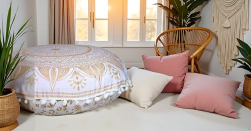 CRAFT KALA 22" Round Mandala Comfort Meditation Floor Pillow Cover, Large Pillows Seating Cover for Adults, Cushions Cover for Outdoor Yoga Fireplace Living Room Ottoman Cover White Gold Trishul - color: White Gold Trishul, size: 22"