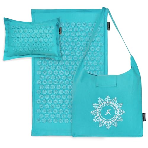 ProsourceFit Ki Acupressure Mat and Pillow Set with 100% Natural Linen for Back/Neck Pain Relief and Muscle Relaxation - color: Bahama Blue