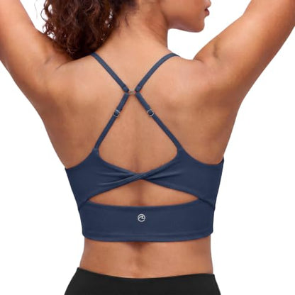 Aoysky Womens Strappy Sports Bra Adjustable Cross Back Longline Crop Top | Buttery soft fabric, Removable padded cups, Convertible straight/cross back, U-neck longline, Yoga gym pilates daily wear - color: Navy, size: Small