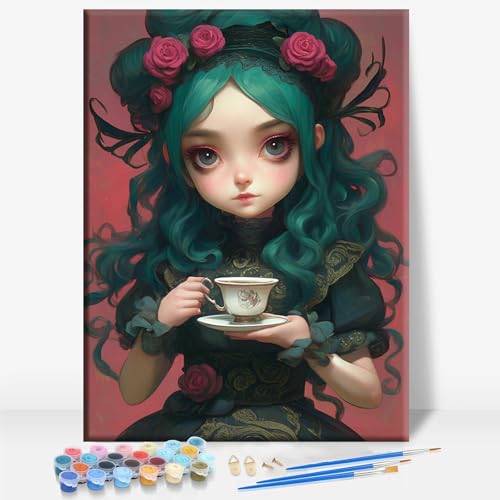 Aeontinity Flora Sipping Tea Doll Gothic Framed Canvas DIY Paint by Numbers Kit Bar Cafe Cave Home Room Wall Bathroom Porch Patio Decor Gift, 16 x 12 Inch - color: FLORA SIPPING TEA DOLL