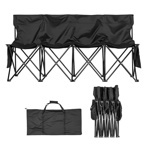 VEVOR Portable Folding Bench, 4 Seat Foldable Soccer Bench with Side Pockets and Carrying Bag, Lightweight Sideline Seating with Back Rest for Football, Baseball, Camping, Outdoor Events, Black - color: Black, size: 4 seat