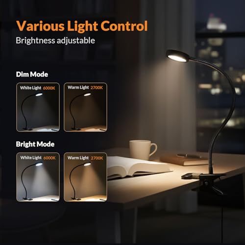 LEPOWER Clip on Light, Book Reading Lamp for Desk, Bed Headboard and Dorm | Adjustable Gooseneck, Color & Brightness Changeable, Adapter Included, LED Table Lamp for Computer, Bedside, Metal, Black - color: Black