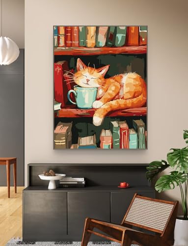 ZRIZQ Paint by Numbers Kit for Adults Beginner,Cat Books,16x20 | Full set with wooden brushes,rolled canvas,rich paints.Calming activity.Beginner friendly.Just open and paint. - color: 16"X20"Rolled Canvas(Frameless)-Cat Book